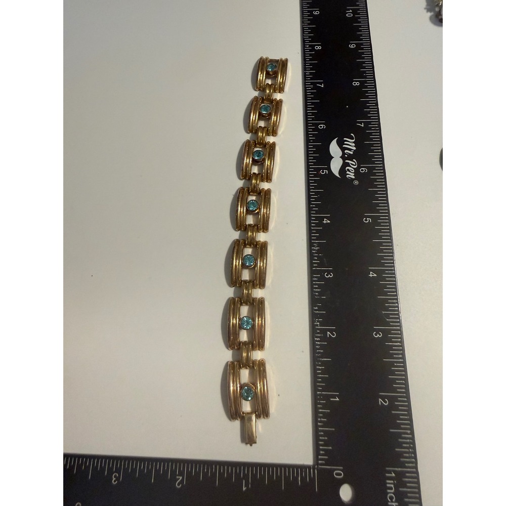 Vintage 1/12 12K Gold Filled Blue Rhinestone Link Bracelet Retro Mid Century‎